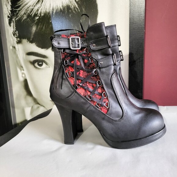 NWOT DEMONIA CRYPTO-51 RED CORSET LACE ANKLE BOOTS SZ 12 - Picture 1 of 10